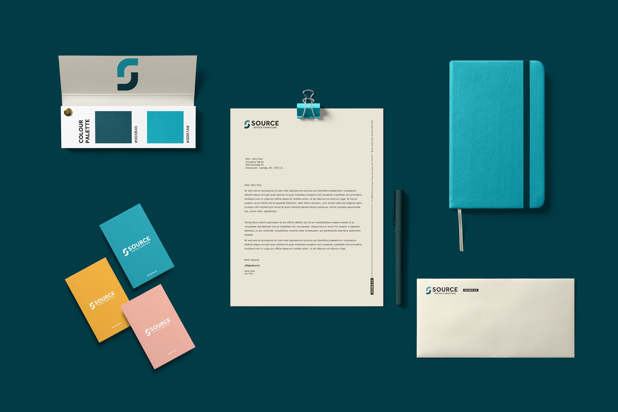 Source Office stationery, letterhead, business cards, envelope, colour palette