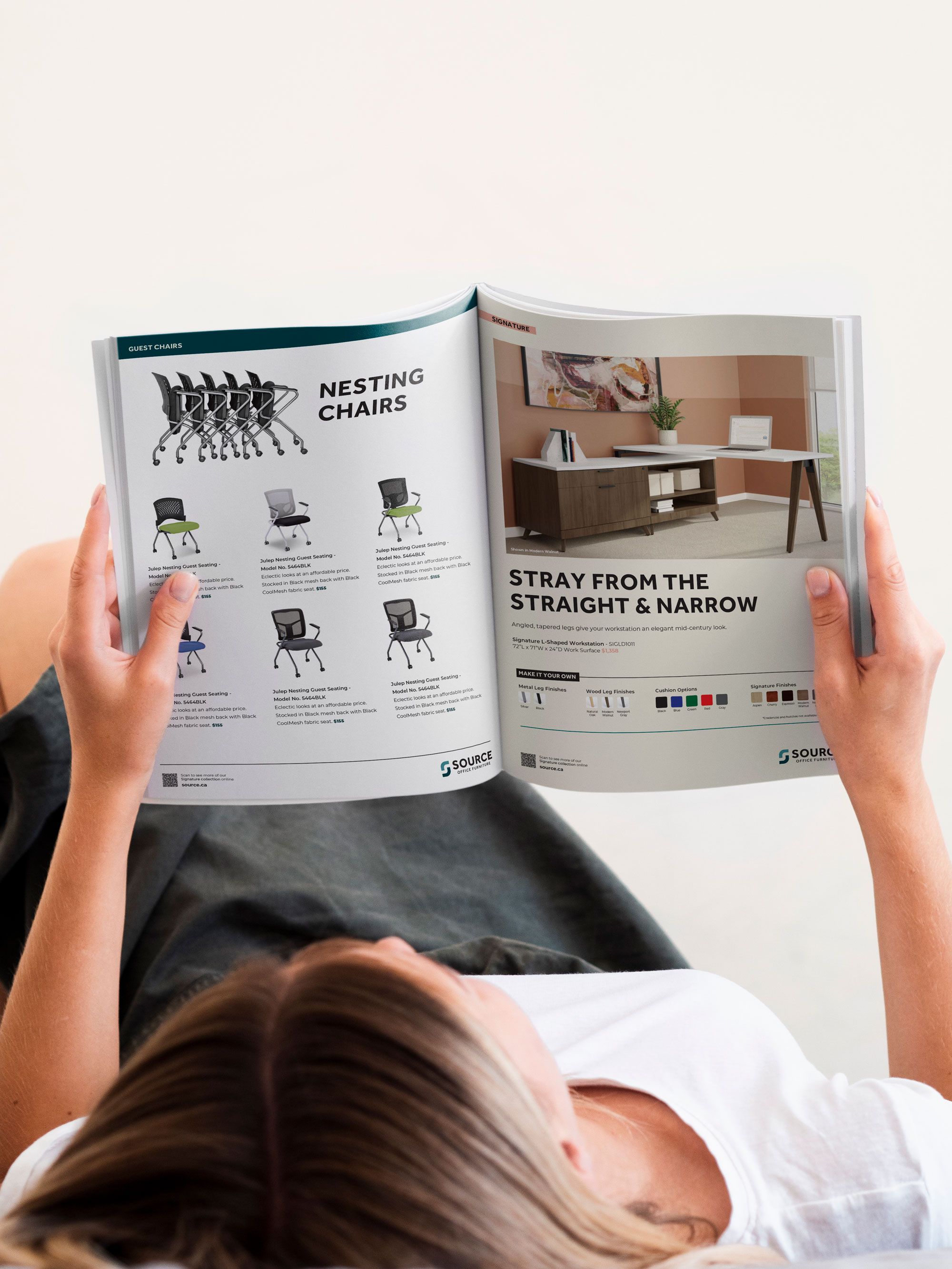 women laying down reading the Source Office Furniture catalogue