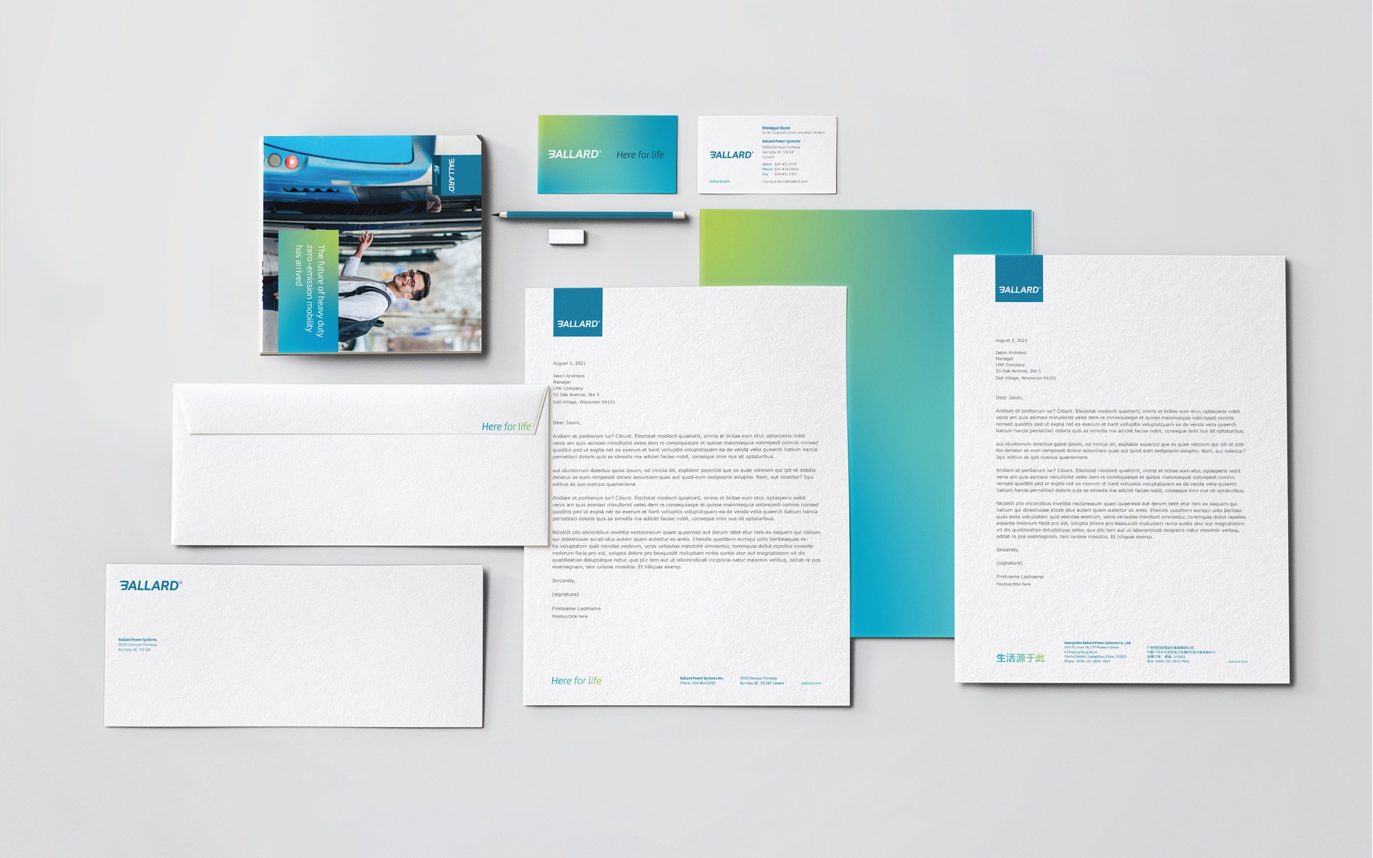 Ballard Power Systems Stationery set. Letterhead, envelope, business cards and brochure