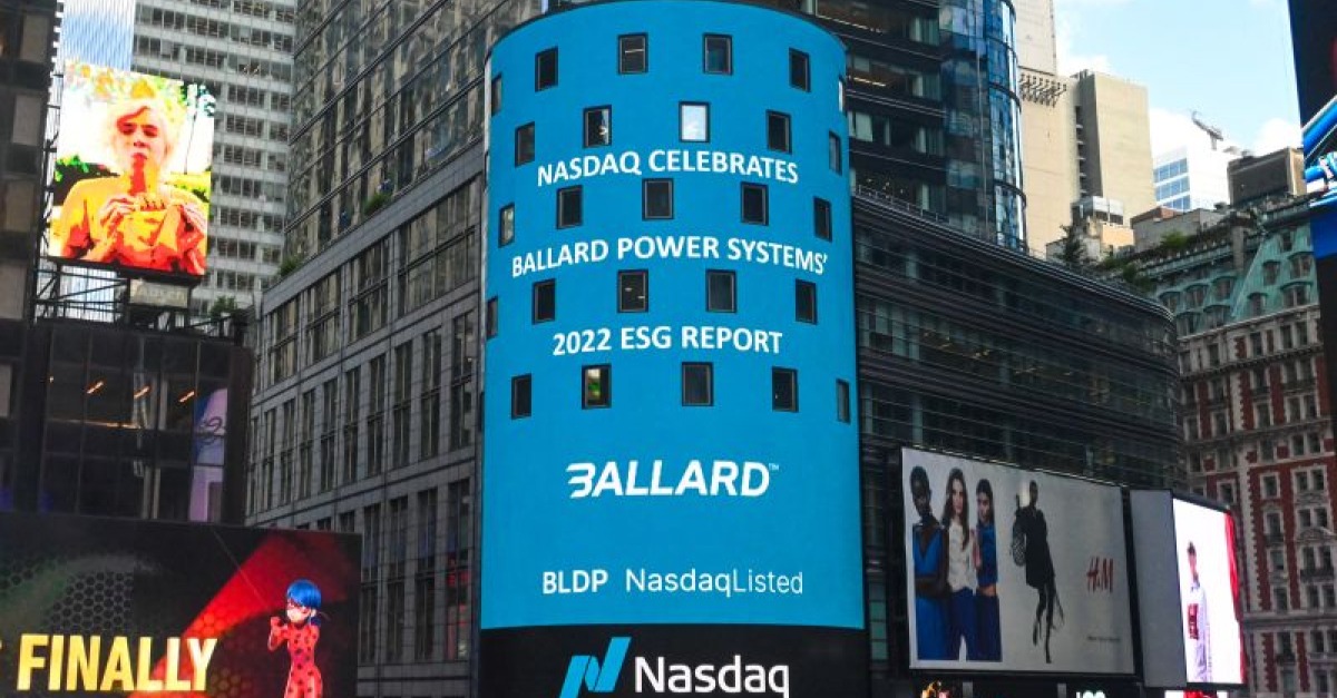 Ballard Power Systems on the New York City Nsdaq billboard celebrating their 2022 ESG report
