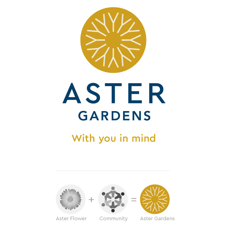 Aster Gardens logo breakdown. Aster flower plus community equals the floral-like icon used.