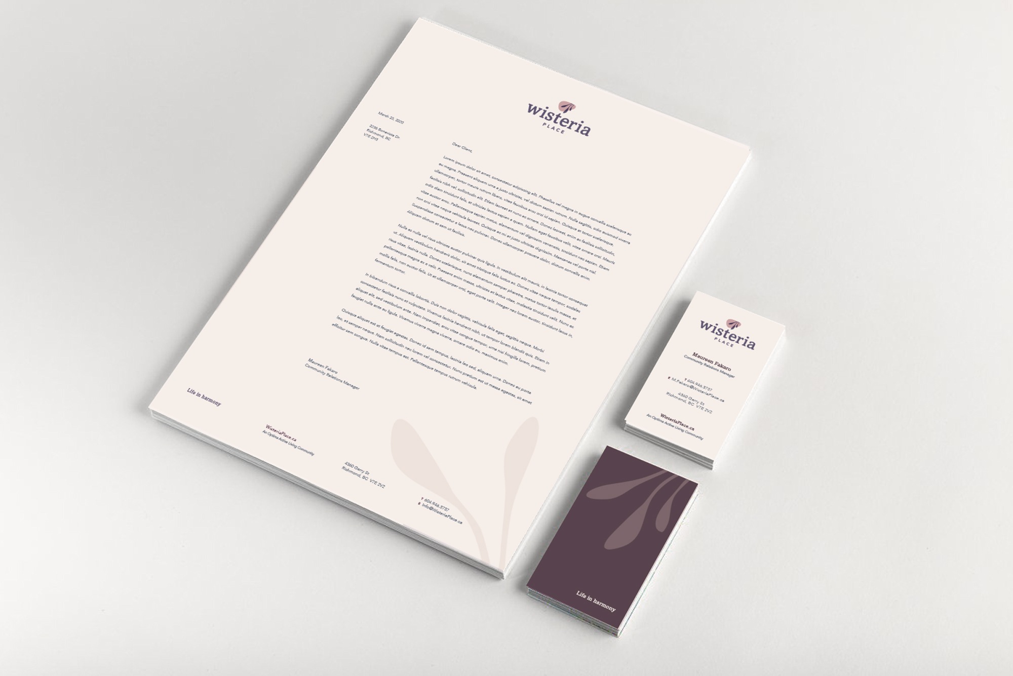 Wisteria Place letterhead and business cards