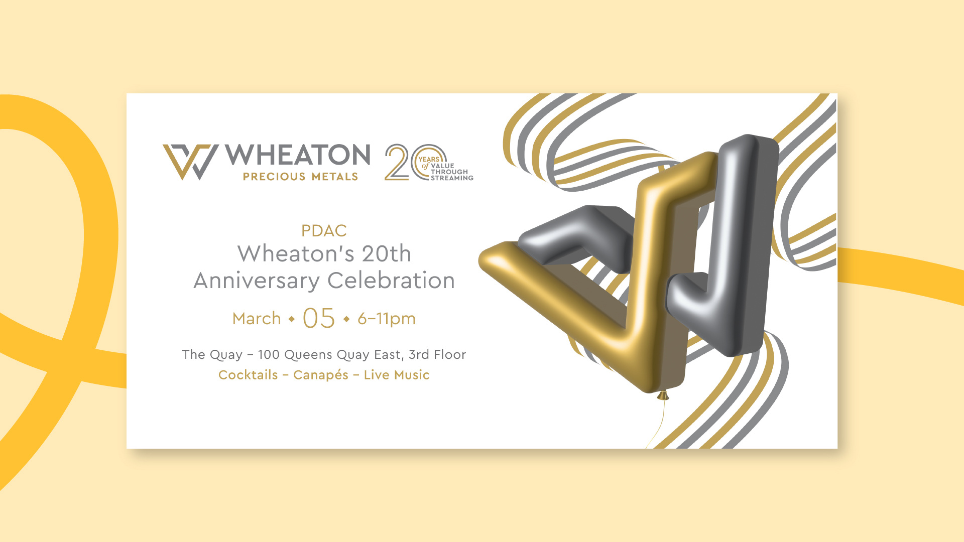 Event invitation for Wheaton’s 20th Anniversary Celebration featuring a modern design with golden and silver elements.